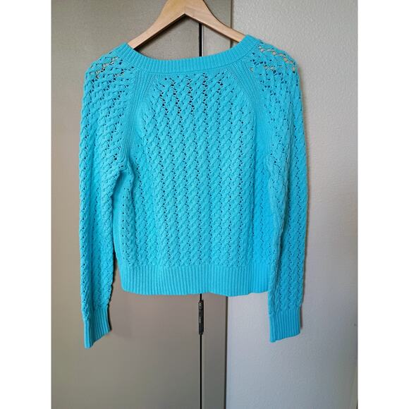 Talbots Open Stitch V-Neck Pullover 100% cotton deep sea blue coastal Mermaid - Picture 6 of 15